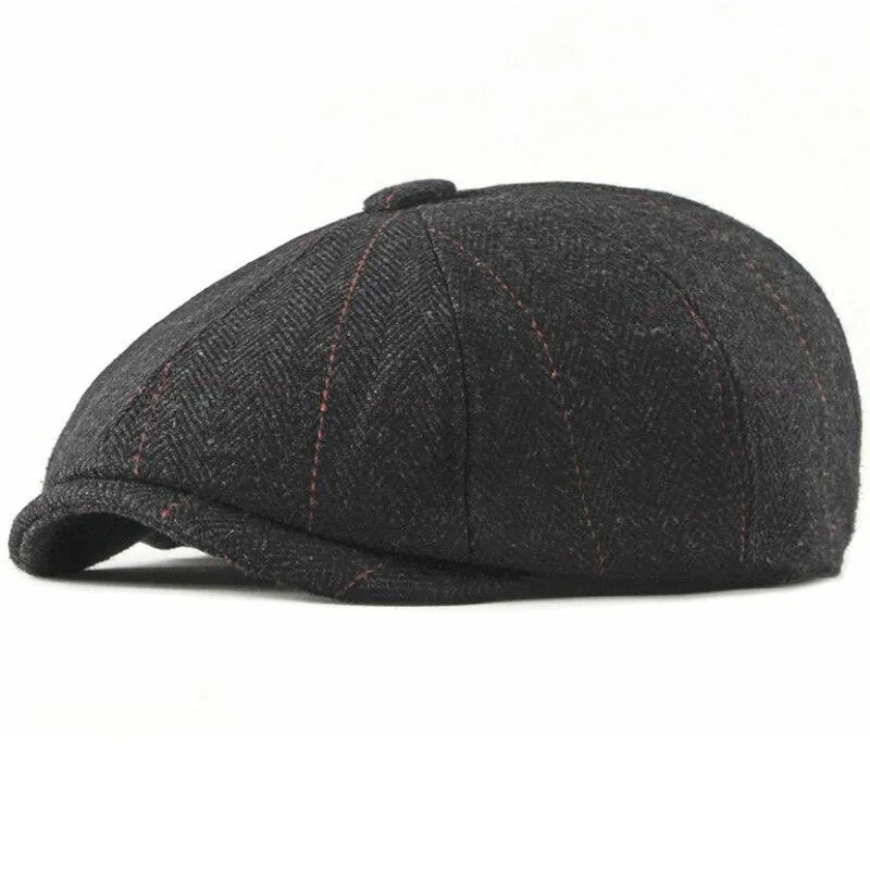 Woollen Plaid Herringbone Newsboy Cap