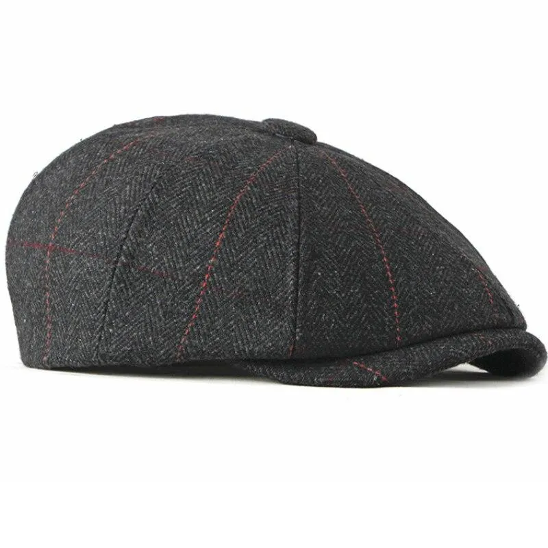 Woollen Plaid Herringbone Newsboy Cap
