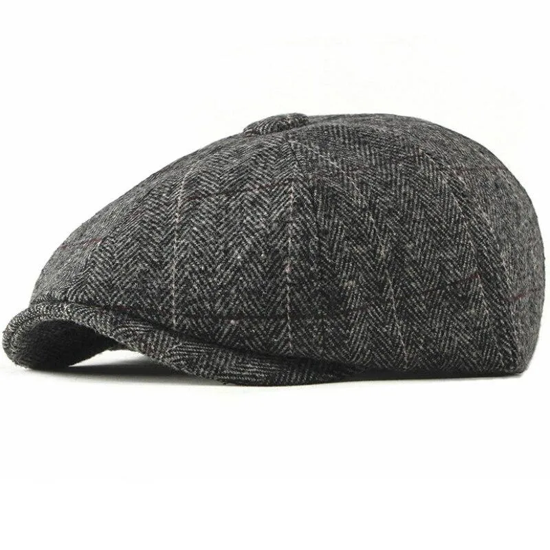Woollen Plaid Herringbone Newsboy Cap
