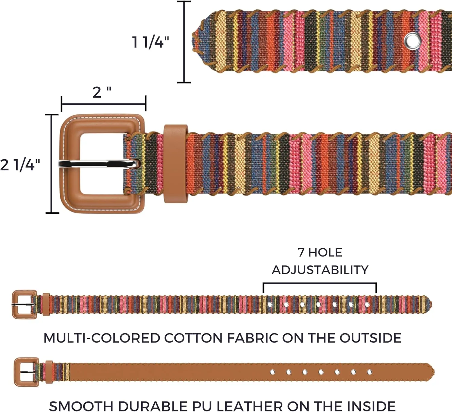 Woven Multicolor Belt for Women Fashion Casual Jean and Dress Waist Belt with Square Buckle