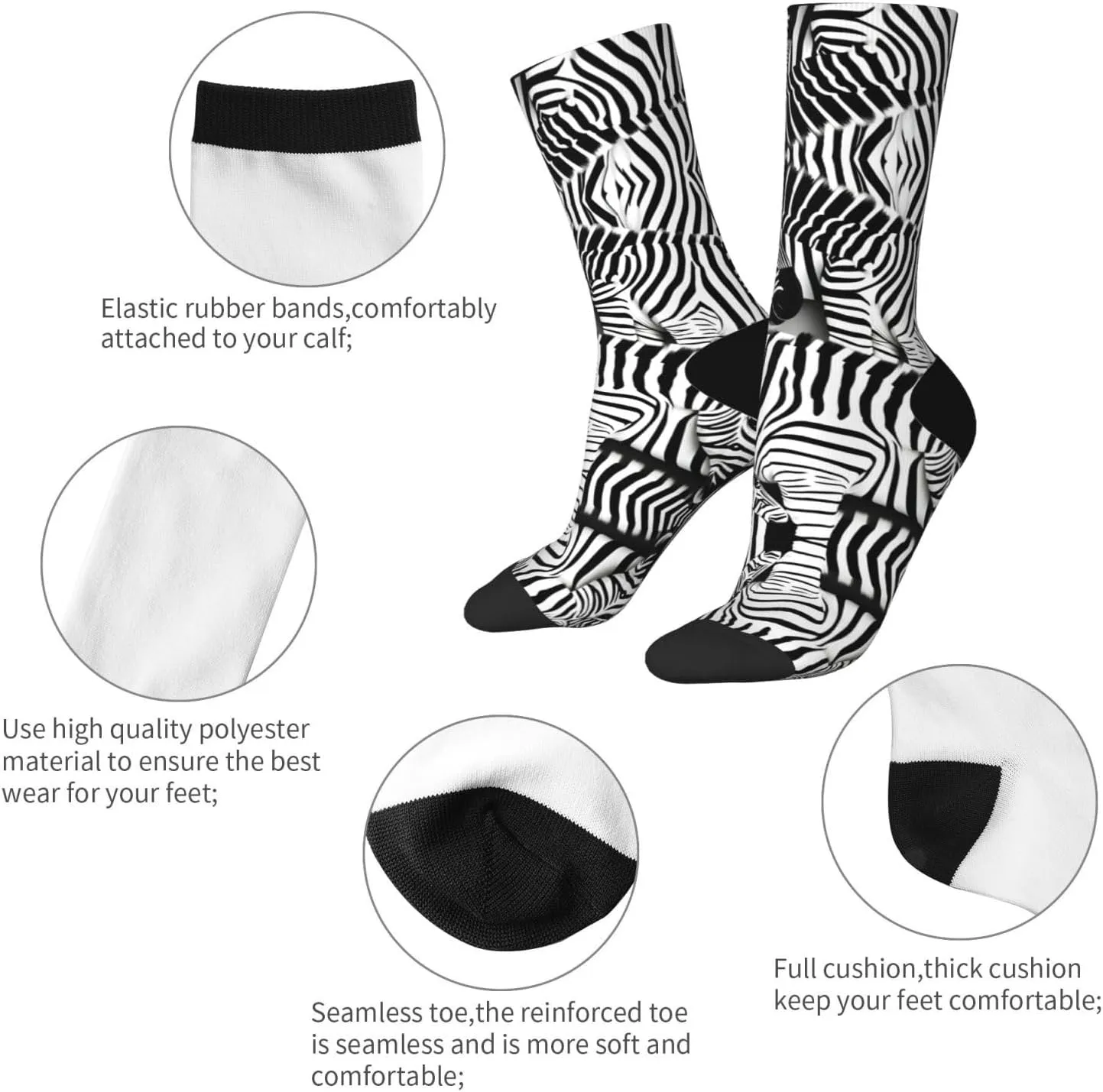 Zebra Print Fun Contrast Socks,Novel Crazy Cool Socks,Pattern Funky Novelty Socks,Unisex Bulk Socks