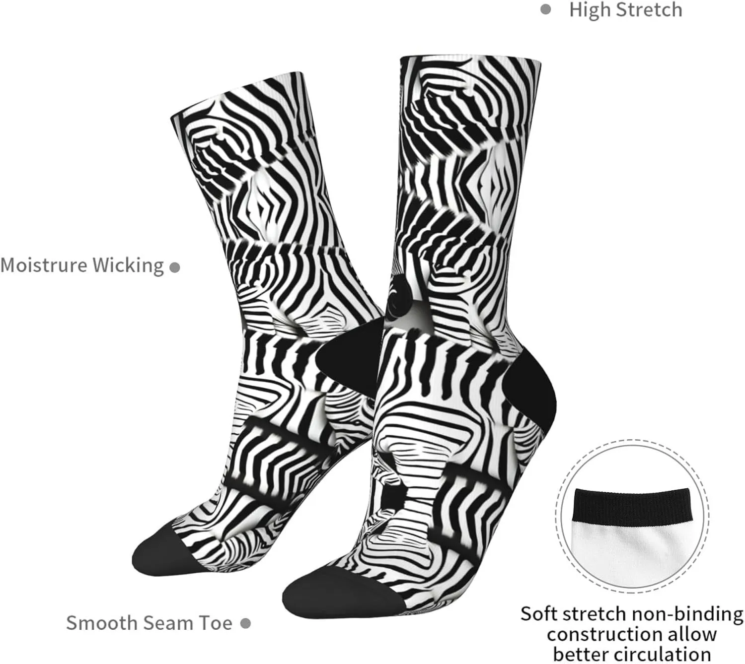 Zebra Print Fun Contrast Socks,Novel Crazy Cool Socks,Pattern Funky Novelty Socks,Unisex Bulk Socks